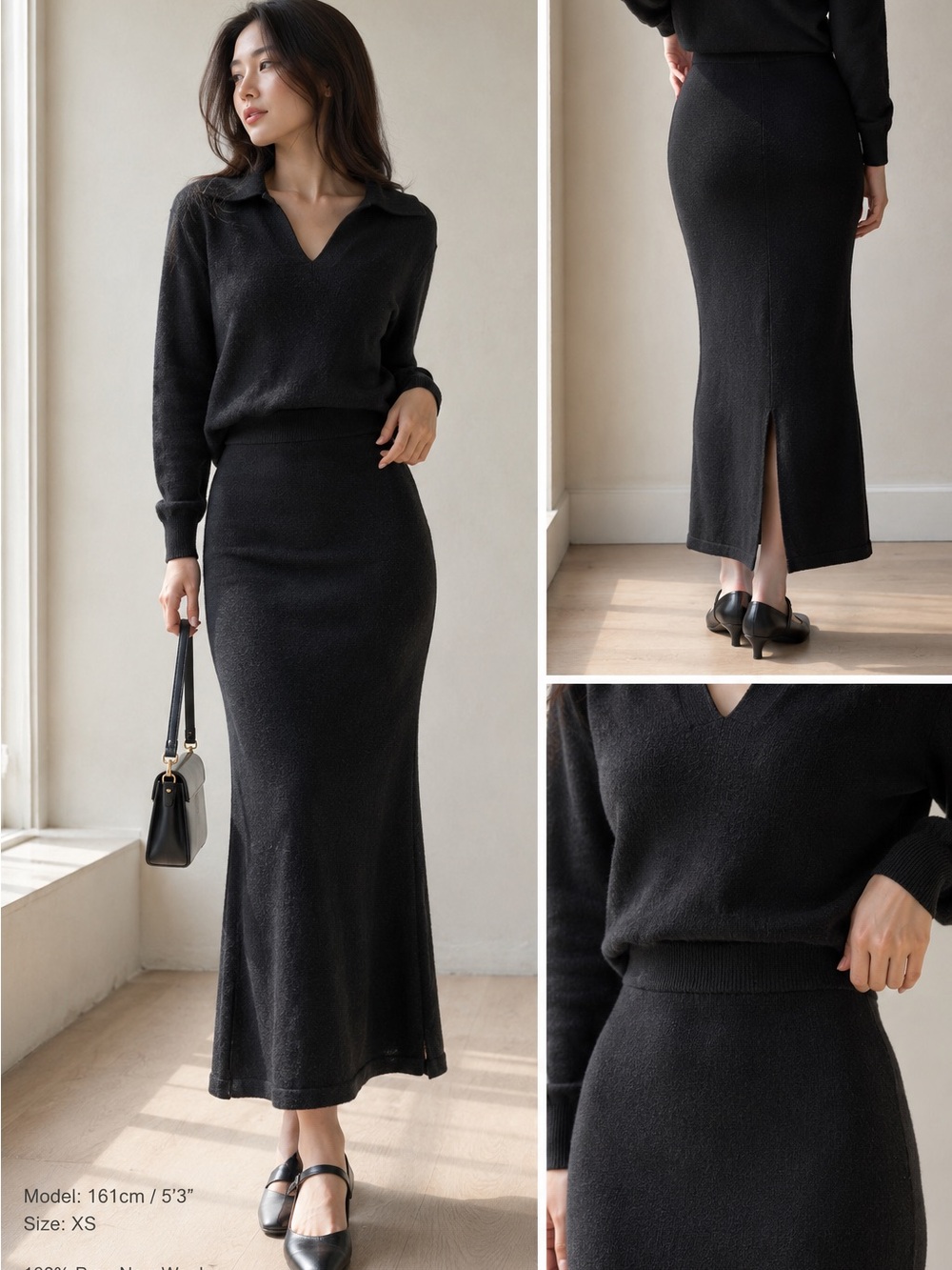 Stills 100% Merino Wool Black Knit Maxi Skirt XS